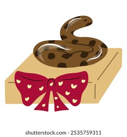 A brown snake sitting on a gift  box. Hand drawn vector Illustration New Year of the Snake.