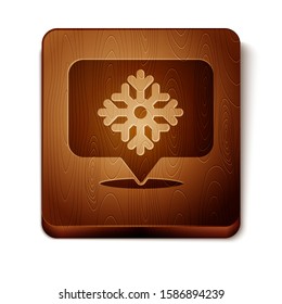 Brown Snowflake with speech bubble icon isolated on white background. Merry Christmas and Happy New Year. Wooden square button. Vector Illustration