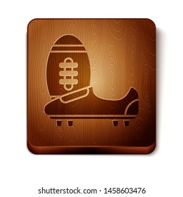 Brown Soccer or football shoes with spikes icon isolated on white background. American football boot and ball. Wooden square button. Vector Illustration
