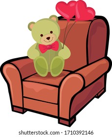Sofá marrón con adorable oso de peluche y globos de amor. Vector