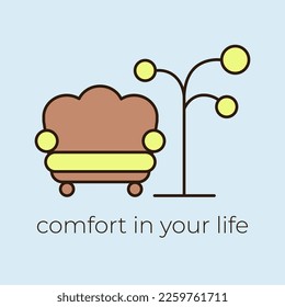 Brown sofa and floor lamp on blue background. Vector flat illustration in simple style.