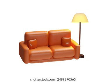 Sofá marrón con almohadas y lámpara de pie icono de estilo plástico 3D. Sofá de cuero realista con antorcha. Ilustración de representación de Vector aislada. Mobiliario de salón volumétrico e iluminación, diseño de interiores