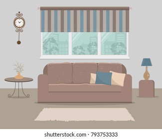 Brown sofa with pillows on a window background. There is a lamp, a table with flowers and a clock on the wall in the picture. Living room. Vector illustration.