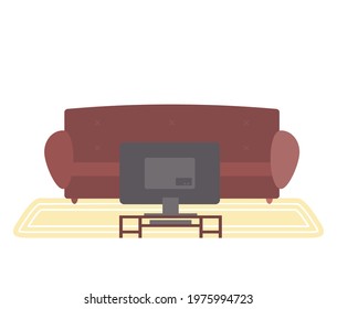 Brown sofa and small table with televisor. Living room furniture design, modern home interior elements vector. Contemporary furniture for living room or home office. Modern tv, couch place to relax