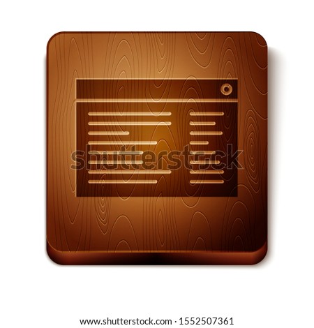 Brown Software, web developer programming code icon isolated on white background. Javascript computer script random parts of program code. Wooden square button. Vector Illustration