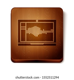 Brown Sound or audio recorder or editor software on laptop icon isolated on white background. Wooden square button. Vector Illustration