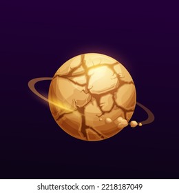 Brown Space Planet With Cracks And Rings, Vector Cartoon Fantasy World Game Icon. Alien Planet Earth With Asteroid Rock Rings Or Saturn With Cracked Stone Surface In Fantastic Galactic Universe