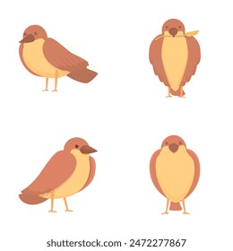 Brown sparrow icons set cartoon vector. Cute cheerful sparrow. Little bird