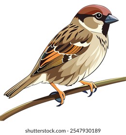 Brown Sparrow on a Branch Realistic Vector Illustratio