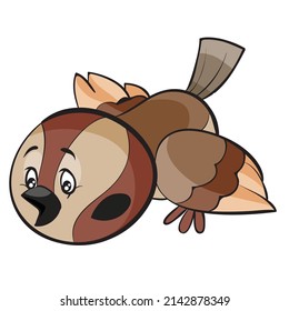 brown sparrow stares in amazement at something and spread its wings, cartoon illustration, isolated object on a white background, vector, eps