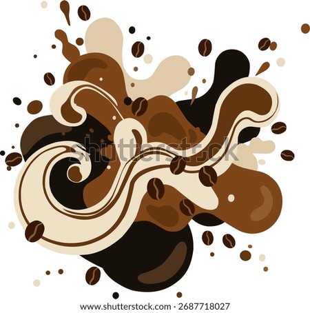 A brown splash of coffee with a few coffee beans on it. The coffee is splattered all over the image