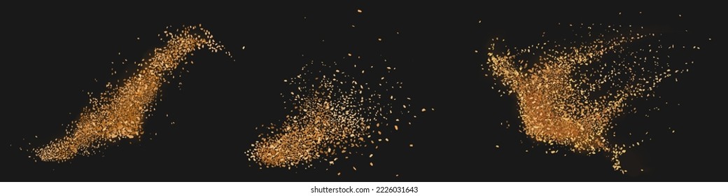 Brown splashes of sugar, granulated coffee, cosmetic powder or eyeshadow. Gold flying glitter explosion, golden dust and spark particles or shimmer burst. Sparkling sequins texture 3d vector effect