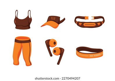 Brown Sport bra,Orange short Legging, Orange sports cap, Orange earphones or headphones, Brown belts bags, Orange sport headbands, Fashion of woman,fashion sport products,Health and Fitness Products