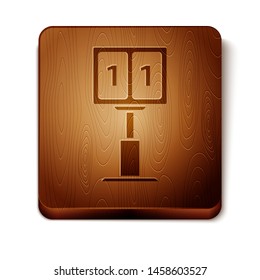 Brown Sport football mechanical scoreboard and result display icon isolated on white background. Wooden square button. Vector Illustration