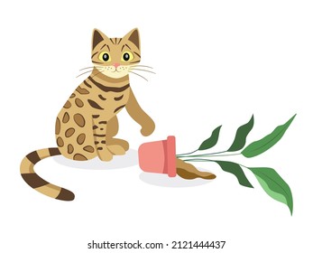 Un gato bengalí pardo con una maceta de flores. Diseño de caricaturas. Ilustración vectorial de mascotas.