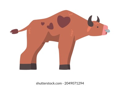 Brown Spotted Bull with Horns and Ring in the Nose in Standing Pose Vector Illustration