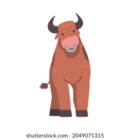 Brown Spotted Bull with Horns and Ring in the Nose in Standing Pose Vector Illustration