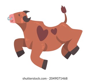 Brown Spotted Bull with Horns and Ring in the Nose Jumping with Joy Vector Illustration