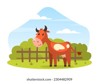 Brown Spotted Cow with Horns Grazing on Pasture with Green Grass Vector Illustration