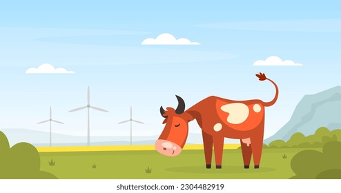 Brown Spotted Cow with Horns Grazing on Pasture with Green Grass Vector Illustration