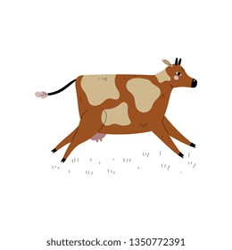 Brown Spotted Cow Running, Dairy Cattle Animal Husbandry Breeding Vector Illustration