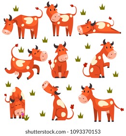 Conjunto de vaca manchada marrom, personagem animal de fazenda em várias poses vetor Ilustrações em um fundo branco