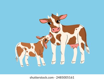 Brown spotted white mama cow with her calf together. Hand drawn cartoon farm animals. Cute illustration for children book isolated on light blue background.