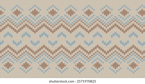 Brown square and blue zigzag knitted pattern, Festive Sweater Design. Seamless Knitted Pattern