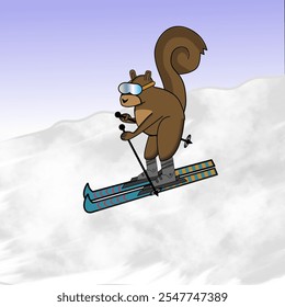 Brown squirrel doing  Alpine skiing on a  slope 