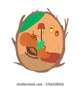 Brown squirrel in glasses sitting in armchair and reading book in cosy hollow