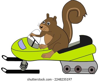 Brown squirrel riding a yellow snowmobile