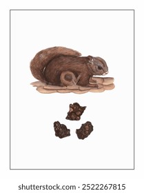 A brown squirrel sits atop wooden boards, with textured stones scattered below.