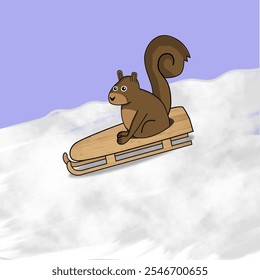 Brown squirrel in a sledge on snow