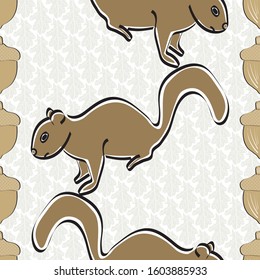 Brown Squirrels and Acorns in Stripes on Beige Background Seamless Repeat Pattern. Background for textiles, cards, manufacturing, wallpapers, print, gift wrap and scrapbooking.