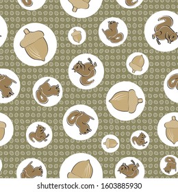 Brown Squirrels and Acorns in White Polka Dots on Green Background Seamless Repeat Pattern. Background for textiles, cards, manufacturing, wallpapers, print, gift wrap and scrapbooking.