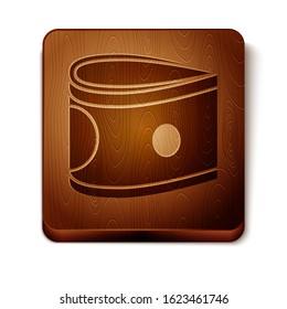 Brown Stacks paper money cash icon isolated on white background. Money banknotes stacks. Bill currency. Wooden square button. Vector Illustration