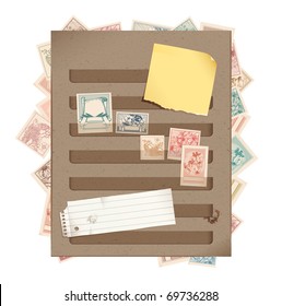 Brown stamp book page with stamps, torn paper and post-it