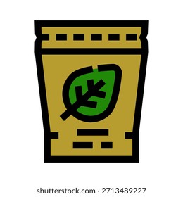 Brown stand up pouch packaging for organic or natural products, featuring a prominent green leaf icon, representing healthy ingredients and environmentally friendly content