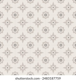 brown star and flower, cement tiles, cute pattern, decorative seamless background