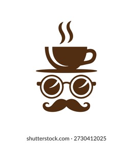 Brown steaming coffee cup on glasses and mustache vector icon