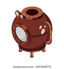 Máquina de vapor marrón con tubos y manómetros de presión Icono isométrico 3d Ilustración vectorial