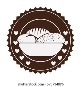 brown sticker with breads in basket in round frame vector illustration