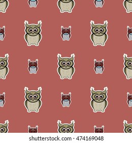 Brown sticker-like owls seamless pattern