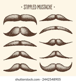 Brown stippled vintage mustache. Curly facial hair. Hipster beard. Stippling, dot drawing and shading, stipple pattern, halftone effect. Vector illustration