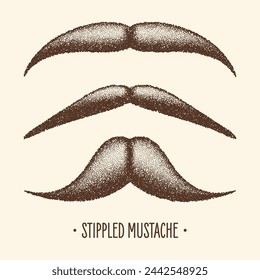 Brown stippled vintage mustache. Curly facial hair. Hipster beard. Stippling, dot drawing and shading, stipple pattern, halftone effect. Vector illustration