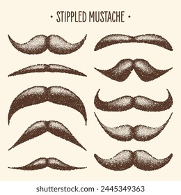 Brown stippled vintage mustache. Curly facial hair. Hipster beard. Stippling, dot drawing and shading, stipple pattern, halftone effect. Vector illustration