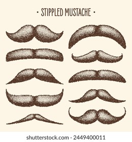 Brown stippled vintage mustache. Curly facial hair. Hipster beard. Stippling, dot drawing and shading, stipple pattern, halftone effect. Vector illustration