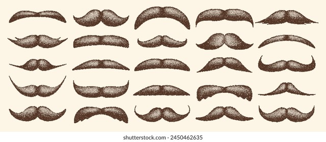 Brown stippled vintage mustache. Curly facial hair. Hipster beard. Stippling, dot drawing and shading, stipple pattern, halftone effect. Vector illustration