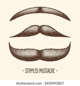 Brown stippled vintage mustache. Curly facial hair. Hipster beard. Stippling, dot drawing and shading, stipple pattern, halftone effect. Vector illustration