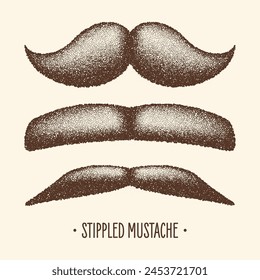 Brown stippled vintage mustache. Curly facial hair. Hipster beard. Stippling, dot drawing and shading, stipple pattern, halftone effect. Vector illustration